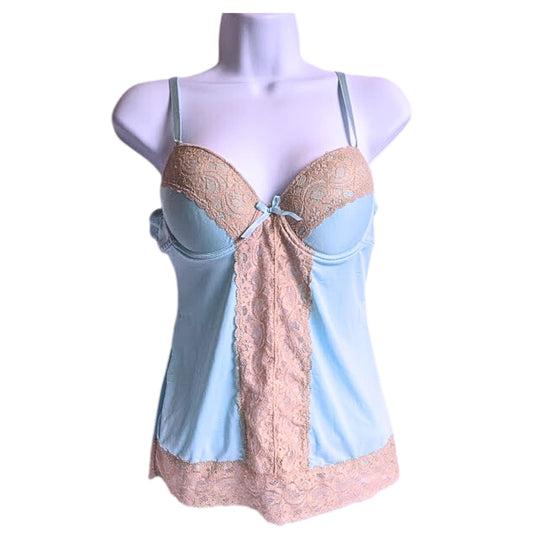 Vintage Y2K NATIVE INTIMATES Blue Lingerie Top with Tan Lace Size S/34B