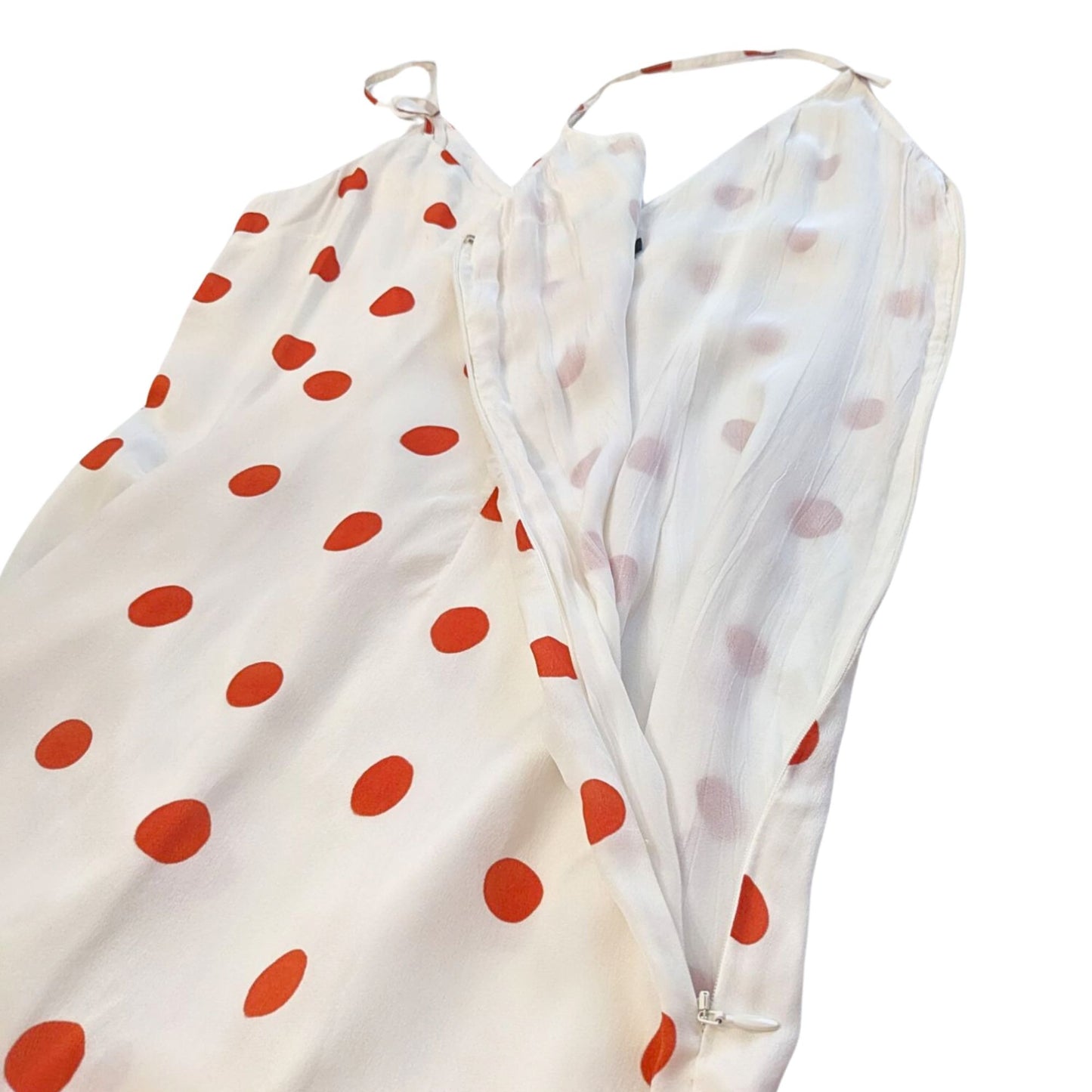 DE LA VALI Capri Polka Dot Printed Silk Maxi Dress In White/Red Size 12