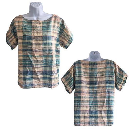 Vintage 70s PAULA RAKER Clan Wallace Tartan Muted Tan Linen Blend Top Size 12/M