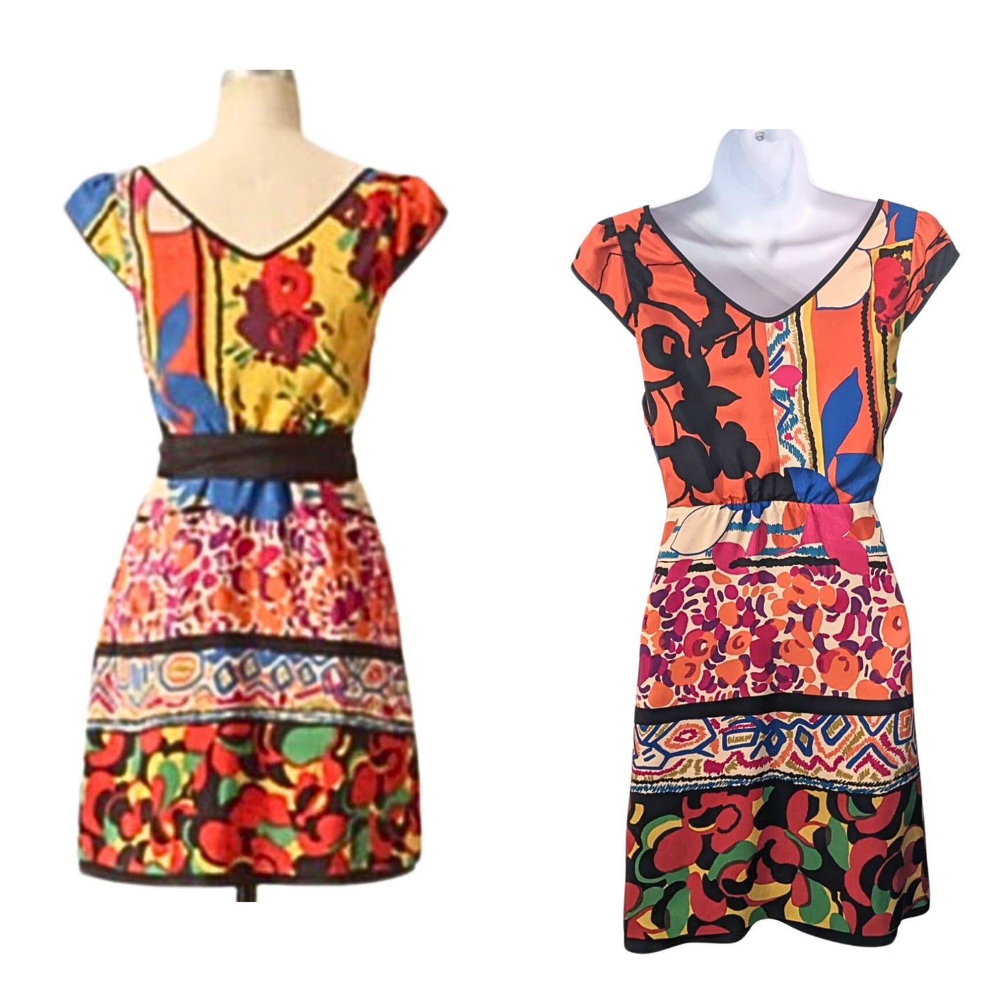 Vintage Y2K MOULINETTE SOEURS 100% Silk Mixed Print Gypsy Boho Mini Dress Size 0