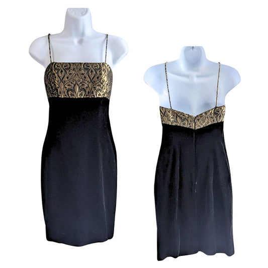 Vintage Y2K TAHARI Black Velvet Gold Lurex Brocade Mini Slip Dress Size 4