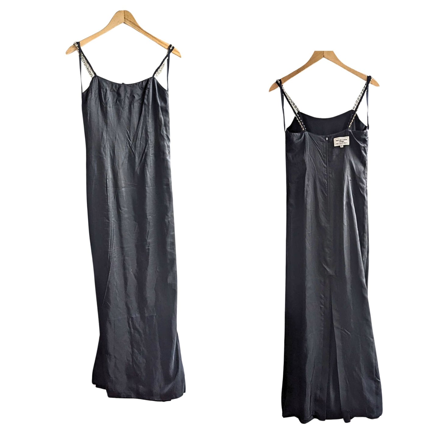 Slinky Vtg 80s VICTOR COSTA for Nahdrée Slit & CrystalStrap Black Slip Dress Sz4