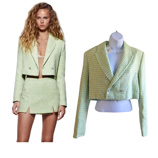 Sweet & Spunky NWT ZARA Green Tattersall Tweed Long Sleeve Cropped Blazer Size M