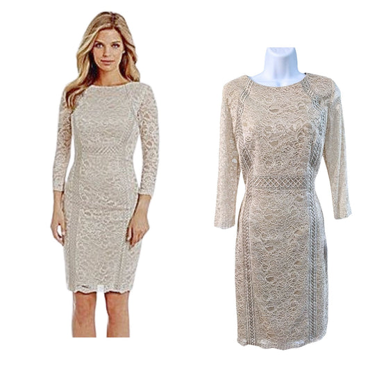 NWT ANTONIO MELANI Greenwich Guipure Lace Beige LS Sheath Midi Dress Size 6