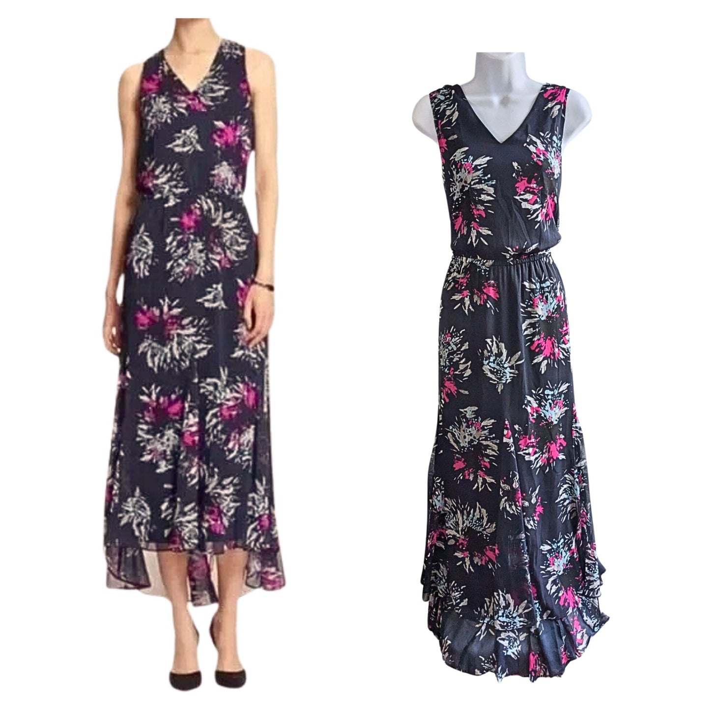 BANANA REPUBLIC Navy Pink Cutout Back Cool Combo Printed Lined Midi Dress Size 4