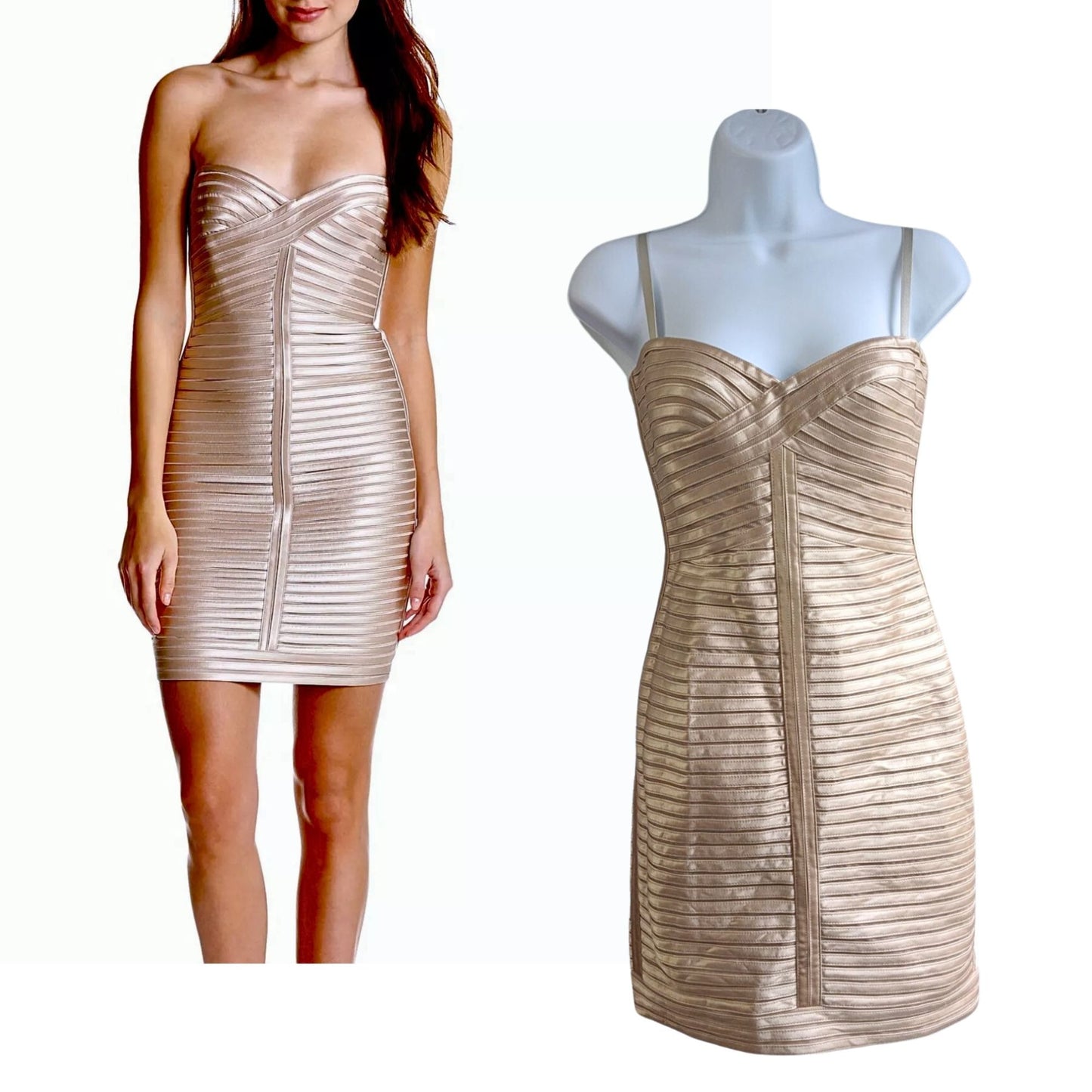 BCBGMAXAZRIA Lillie Champagne Bandage Bodycon Mini Dress w/Optional Straps Sz 2