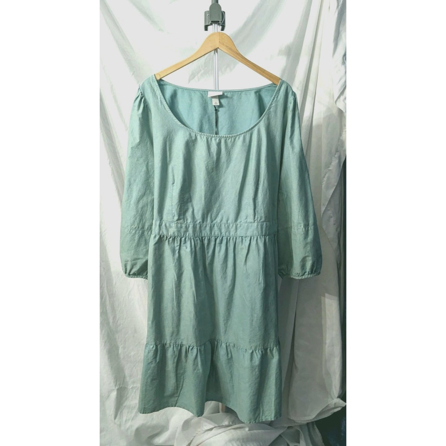 NWT AVA & VIV Sage Green Balloon Sleeve A-Line Dress 100% Cotton Size 2X