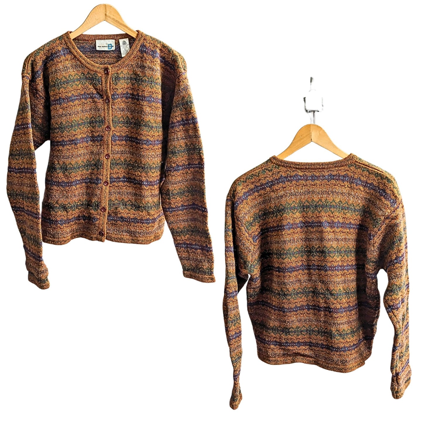 Vintage 80s PAUL HARRIS DESIGN 100% Shetland Wool Camel Fair Isle Button Up Cardigan Size L