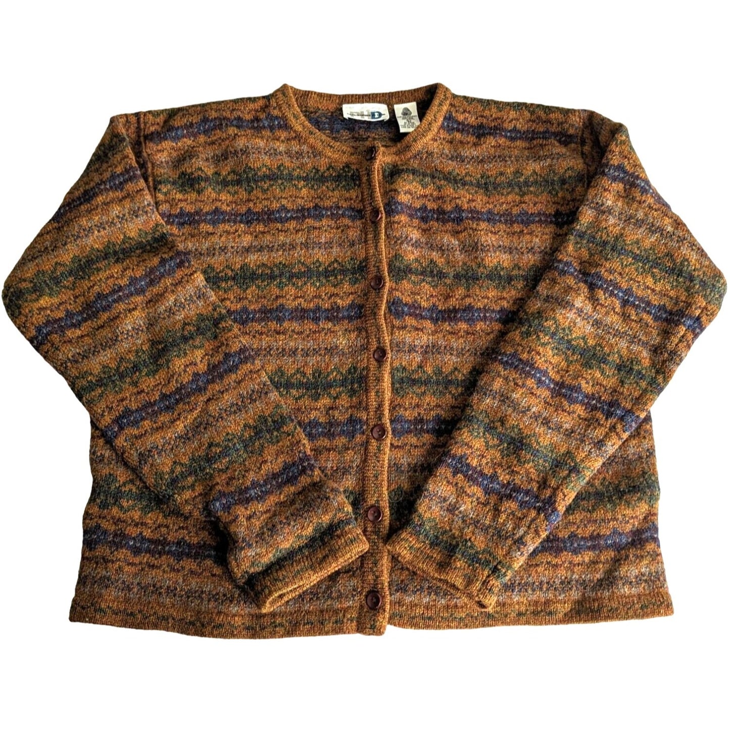 Vintage 80s PAUL HARRIS DESIGN 100% Shetland Wool Camel Fair Isle Button Up Cardigan Size L