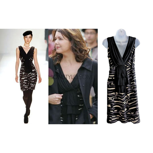 Vtg Y2K Lorelai Gilmore TEMPERLEY LONDON Black Stripe Sleeveless Mini Dress Sz 8