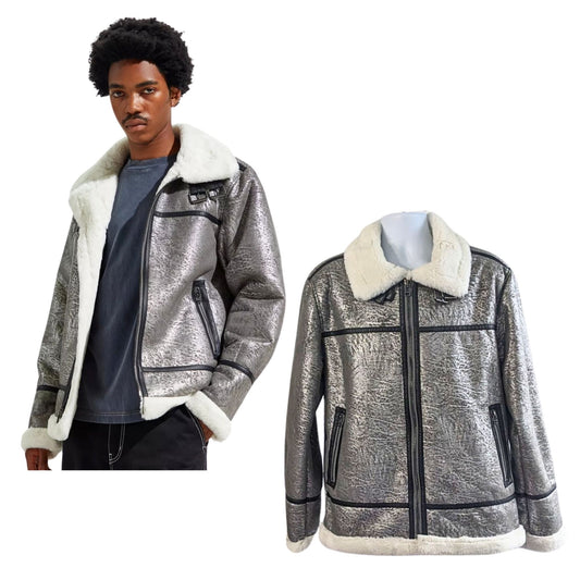 URBAN OUTFITTERS Faux Shearling B3 Super Soft Silver Bomber Jacket Men's Size L