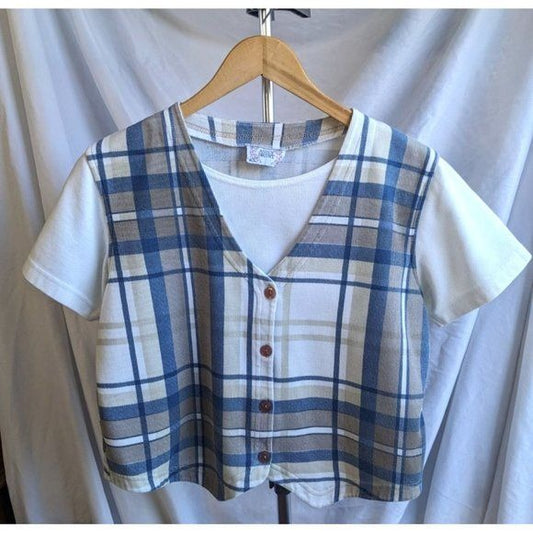 Vintage 90s ASHLY BRENT 'Full House' Blue & Ivory Plaid Vest & Tee Combo Size S