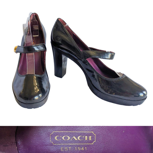 Vintage Y2K COACH Lilas Black Patent Leather Chunky Platform Mary Jane Heels Sz8