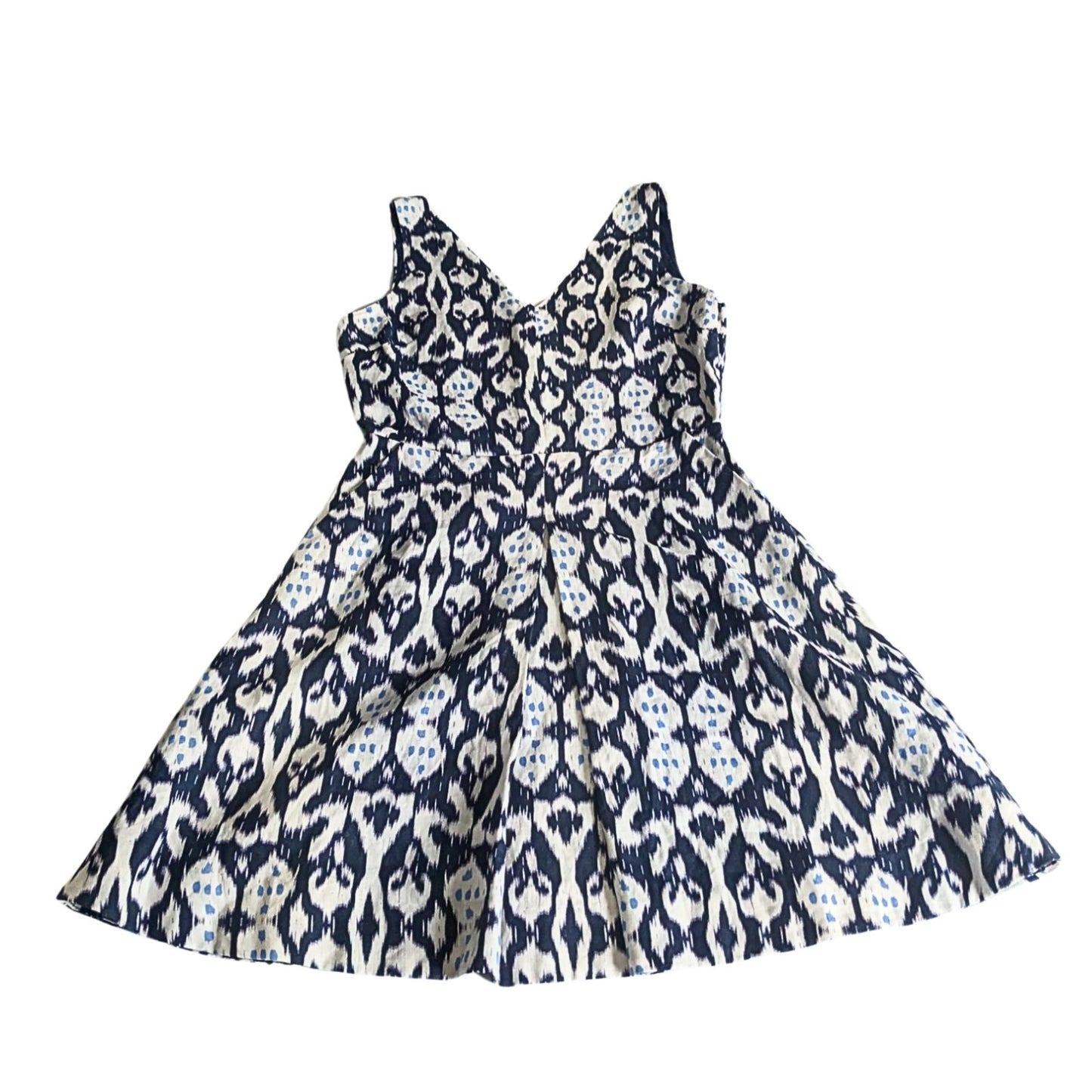 NWOT GAP 100% Linen Ikat Navy Blue & White Fit & Flare Sleeveless Mini Dress Size 2