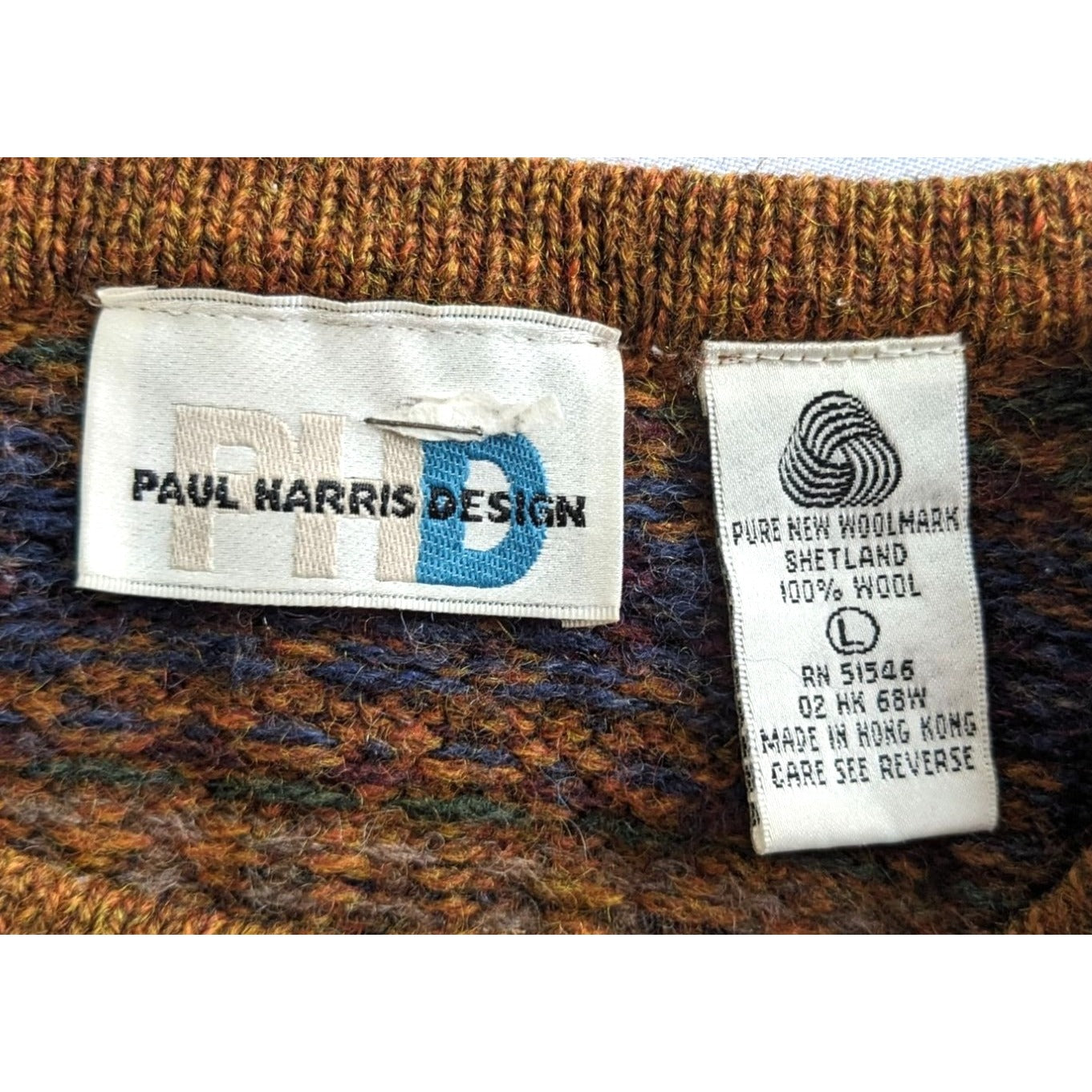 Vintage 80s PAUL HARRIS DESIGN 100% Shetland Wool Camel Fair Isle Button Up Cardigan Size L