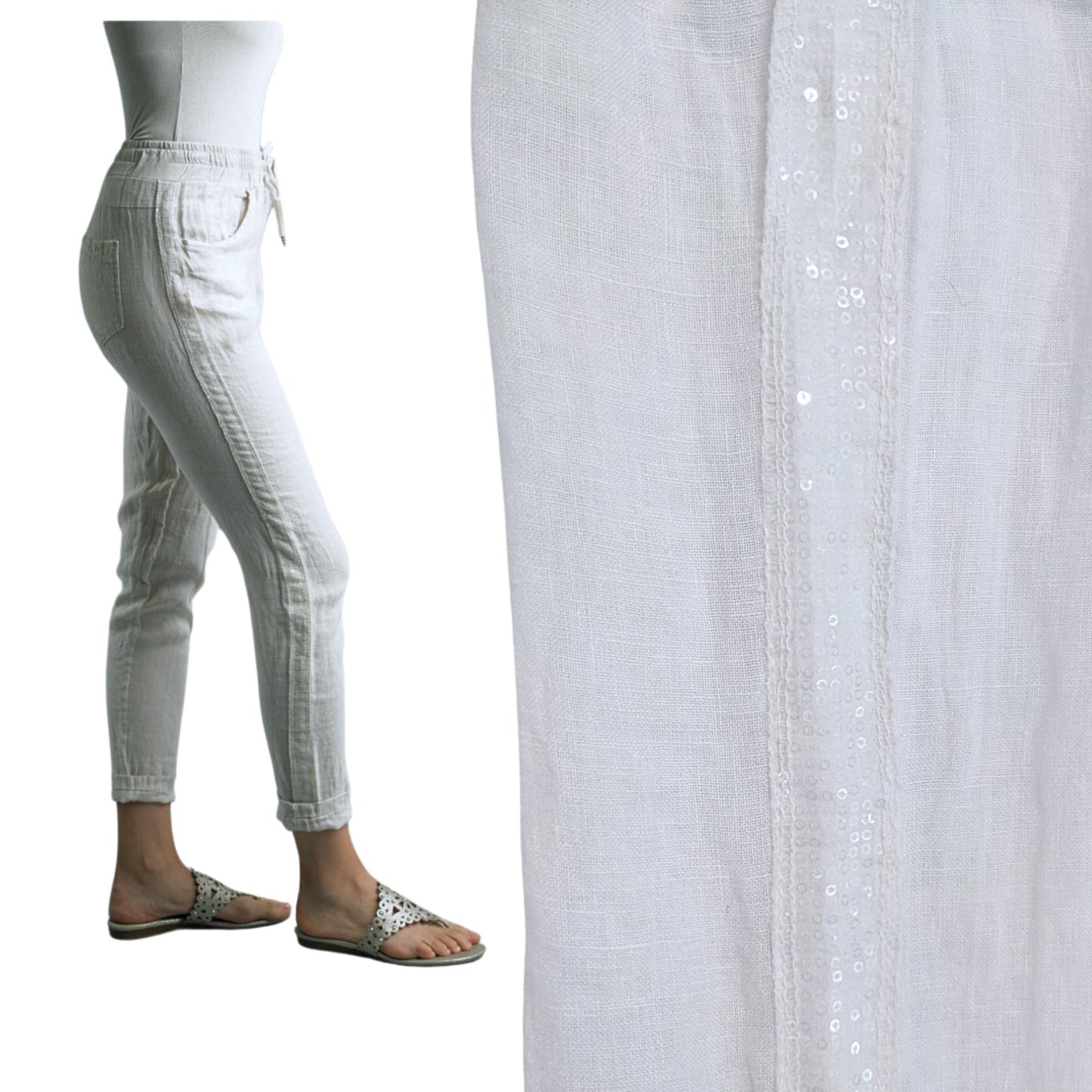 NWT TEMPO PARIS White Linen Sequin Trim Elastic Waist Ankle Pants Size S