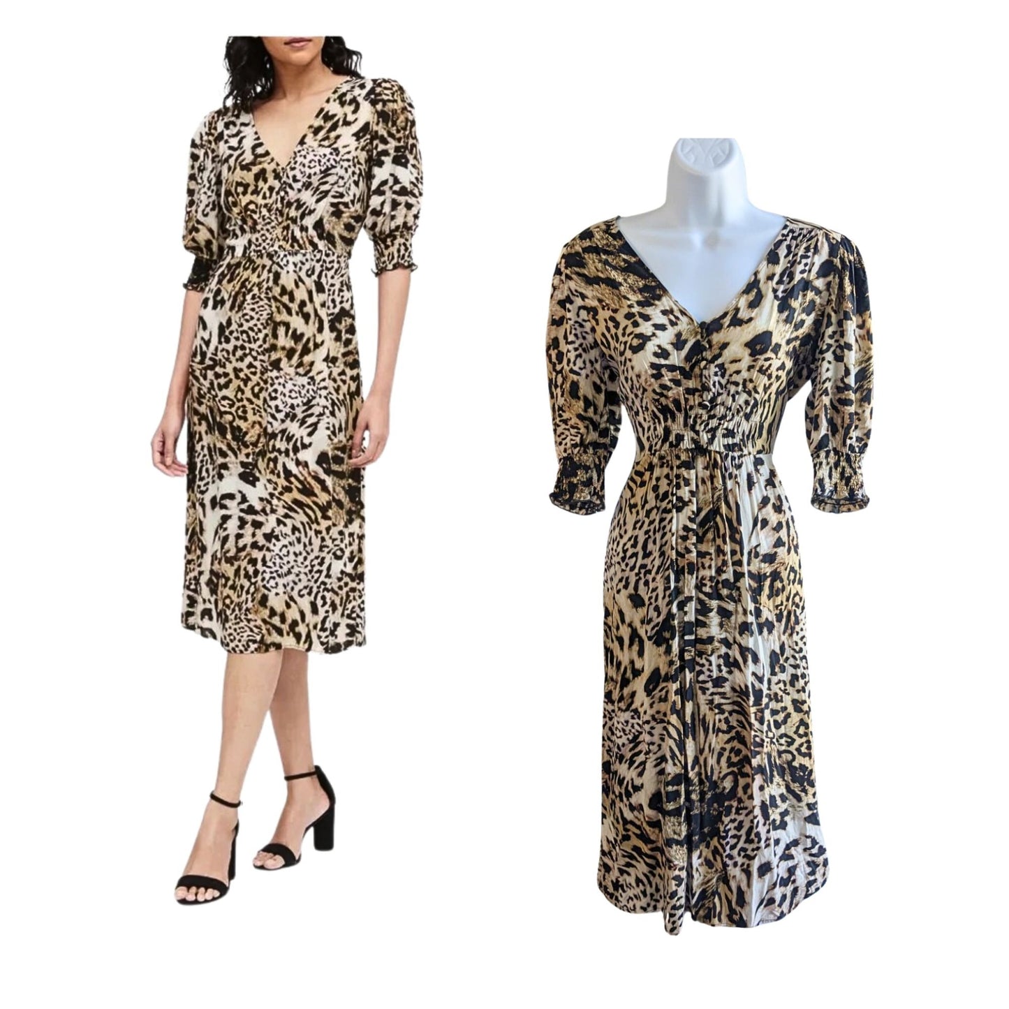 BANANA REPUBLIC Trending Leopard Print V-Neck Puffed Sleeve Midi Dress Size 6