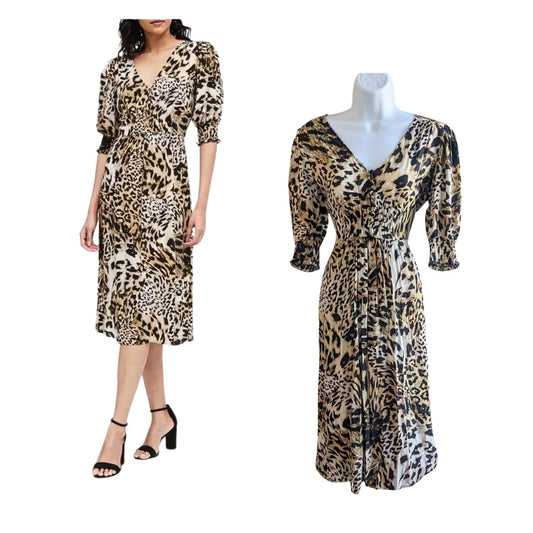 BANANA REPUBLIC Trending Leopard Print V-Neck Puffed Sleeve Midi Dress Size 6