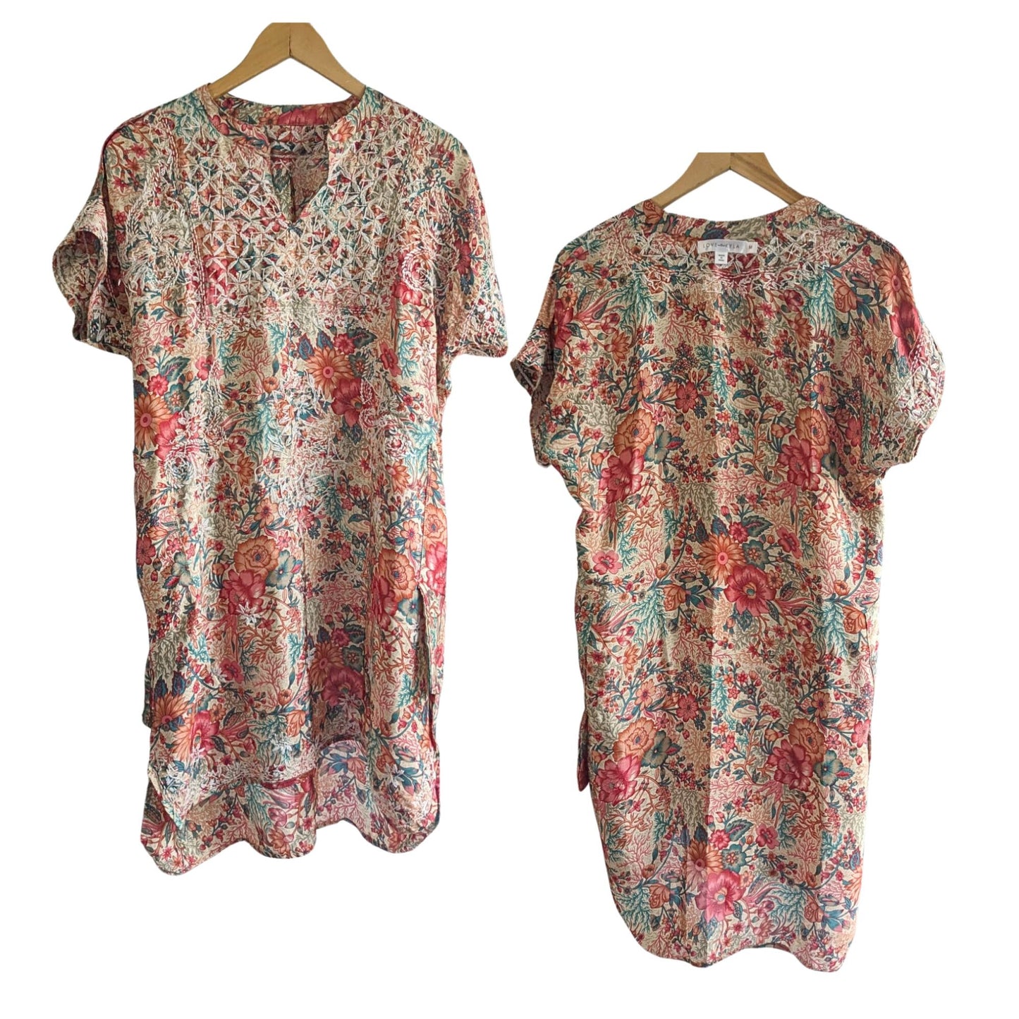 Anthropologie LOVE KYLA Tan & Cranberry Hand-Embroidered Silk Blend Boho Mini Dress Size M