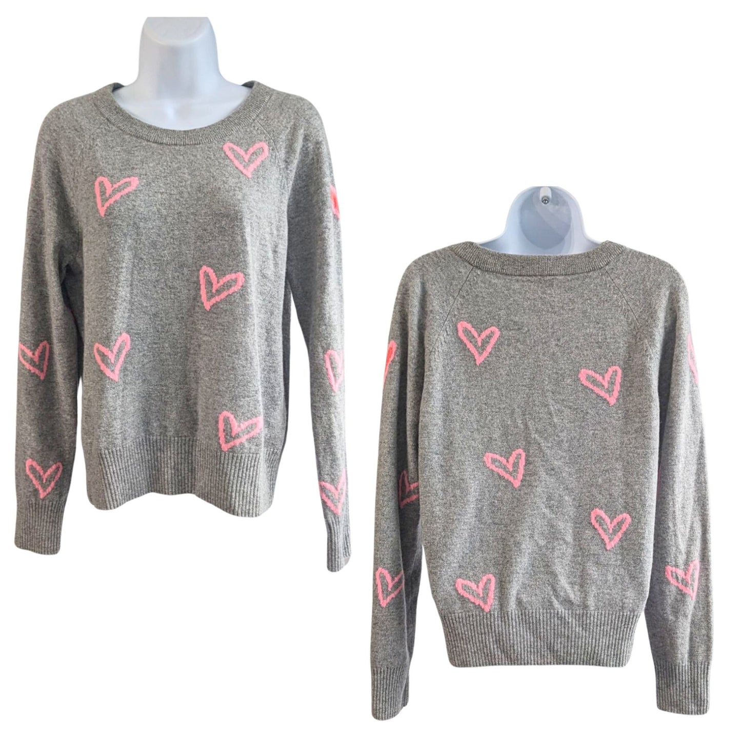 WHITE + WARREN 100% Cashmere Graffiti Heart Intarsia Gray Pullover Sweater Size XS