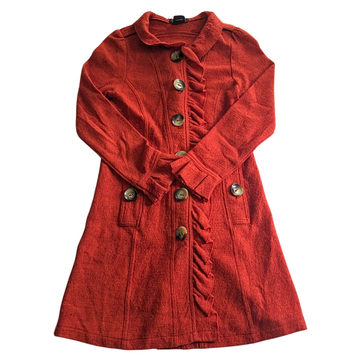 Anthropologie LUII Autumn Ingenue Boiled Wool Button Up Long Ruffle Jacket Sz M