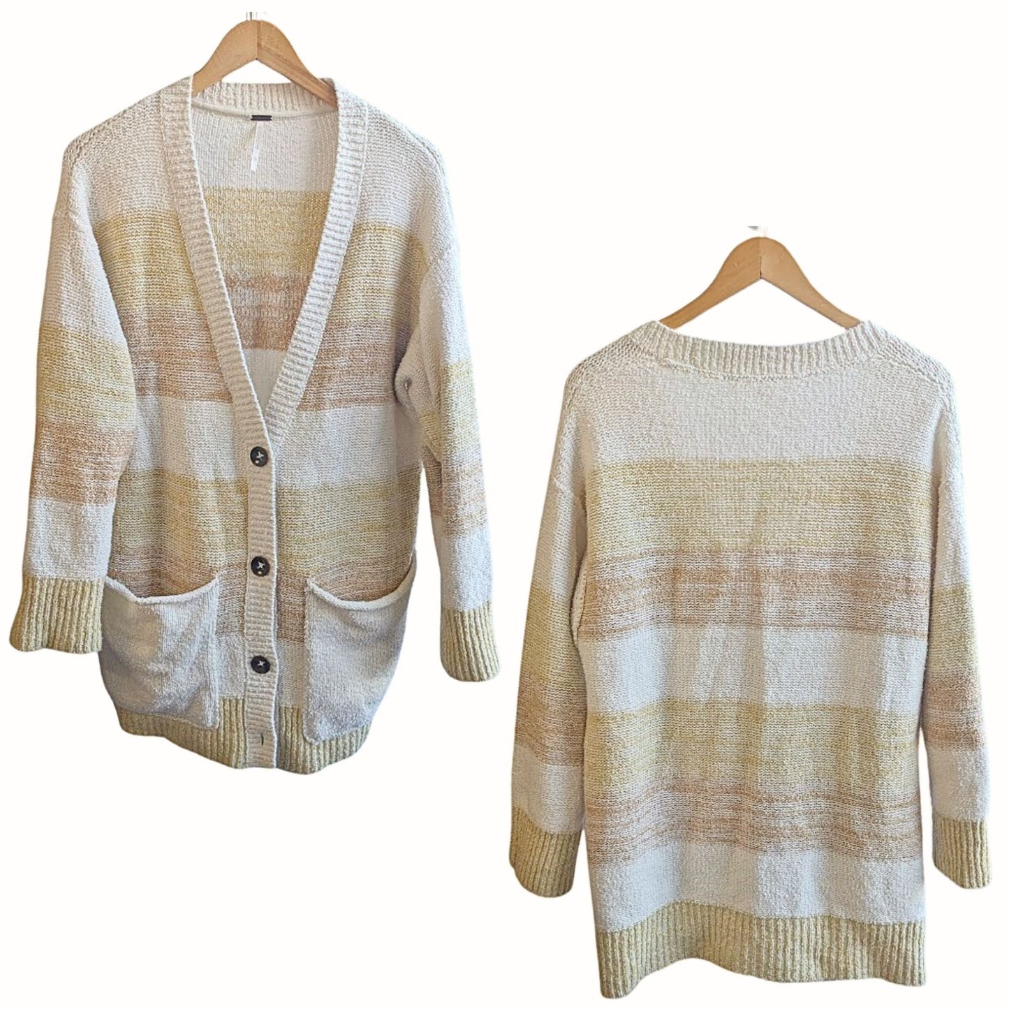 FREE PEOPLE Tan Grains Combo Oversized Cardigan Colorblock with Pockets Size XS