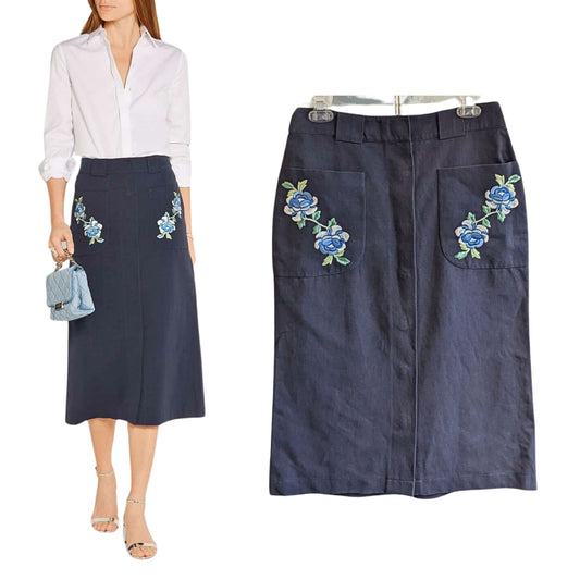 VILSHENKO Couture NavyBlue Floral Embroidery Cotton Gabardine Midi Skirt Sz 8/10