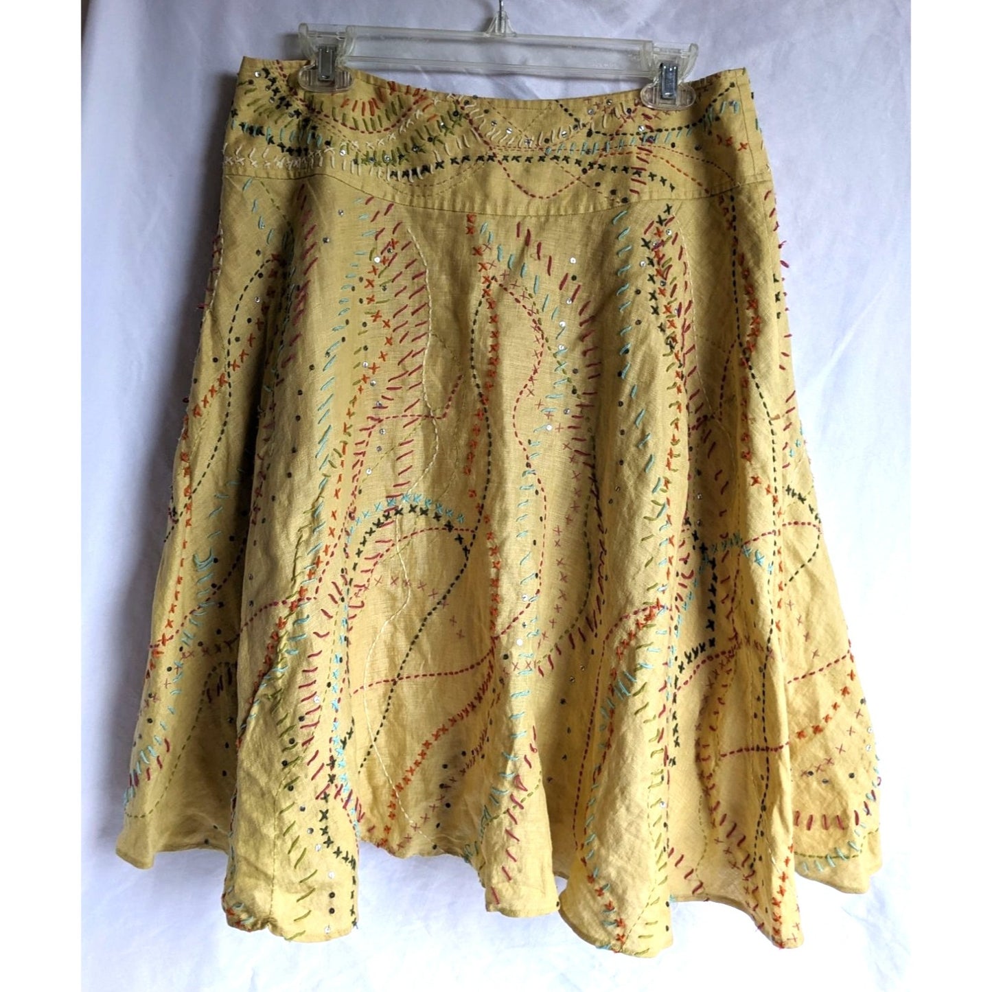 Vintage Y2K EYE Unique Trail Map 100% Linen Skirt Yellow Embroidered Size 8