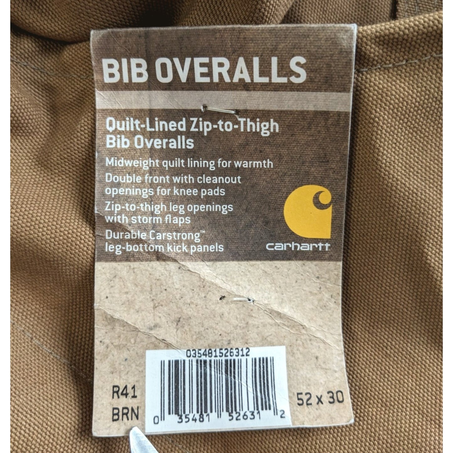 NWT CARHARTT R41 Quilt-Lined Zip-to-Thigh Tan Bib Overalls Front Pocket Sz 52x30