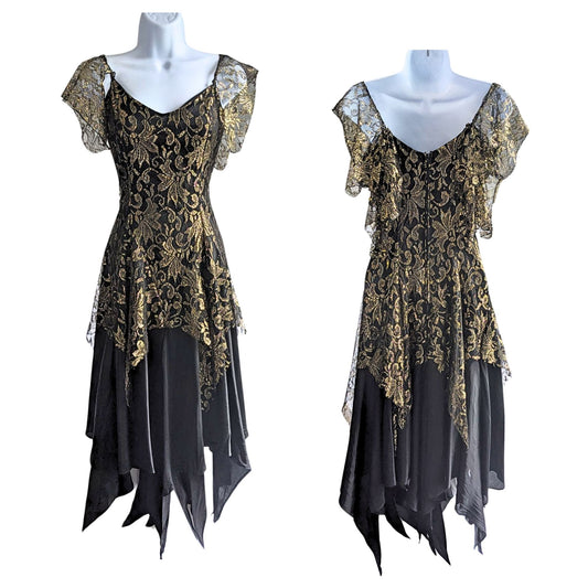 Vtg 80s NUANCE Witchy Gothic Gold Lace Lurex Handkerchief Hem Cocktail Midi Sz 7