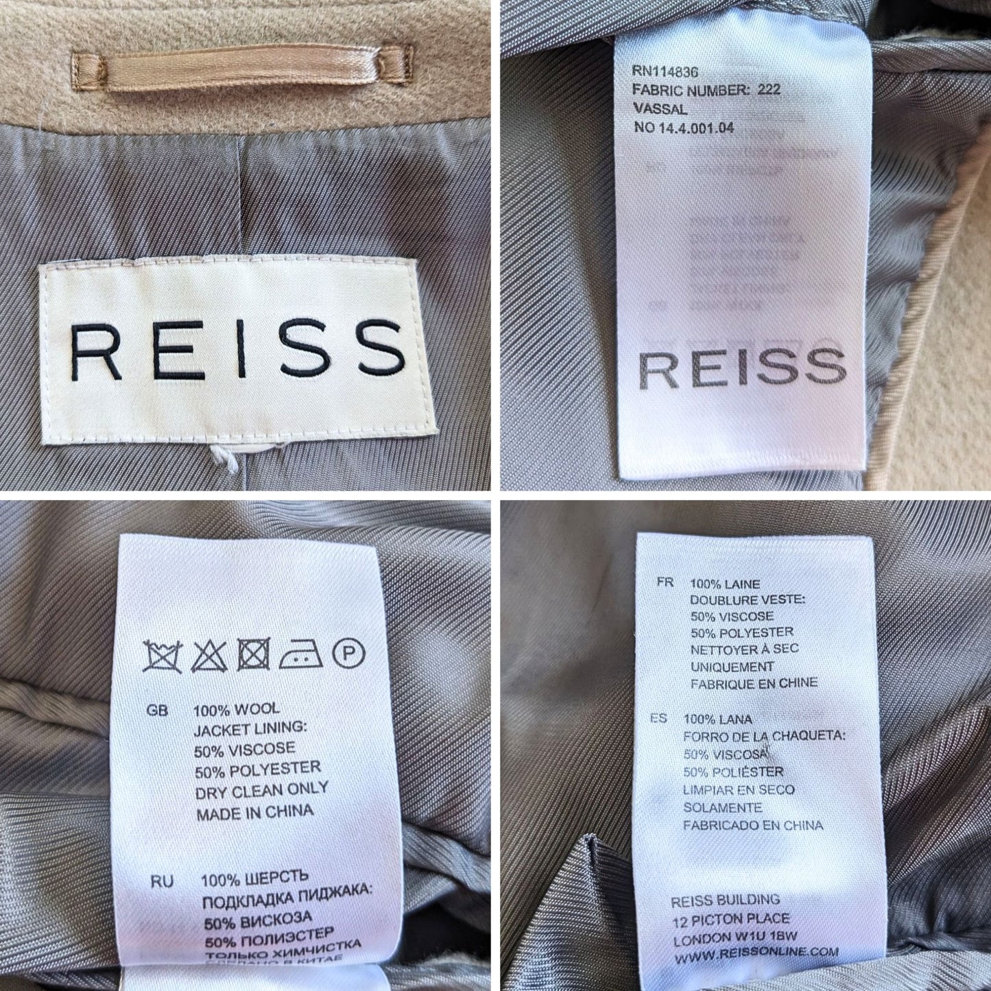 Rare 2014 REISS Vassal 100% Wool Tan Single Breasted Overcoat Chest Size 42"/XL