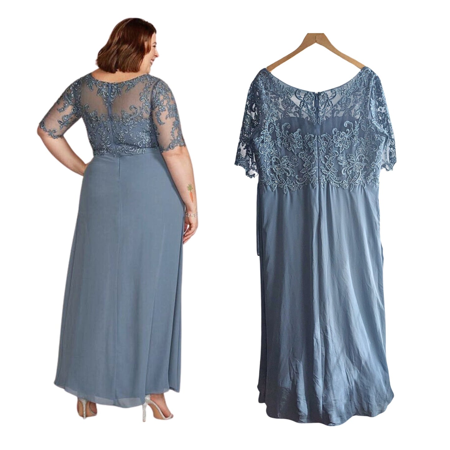 OLEG CASSINI Steel Blue Chiffon Lace Empire Mother of Bride Gown WBM2813 Sz 20W