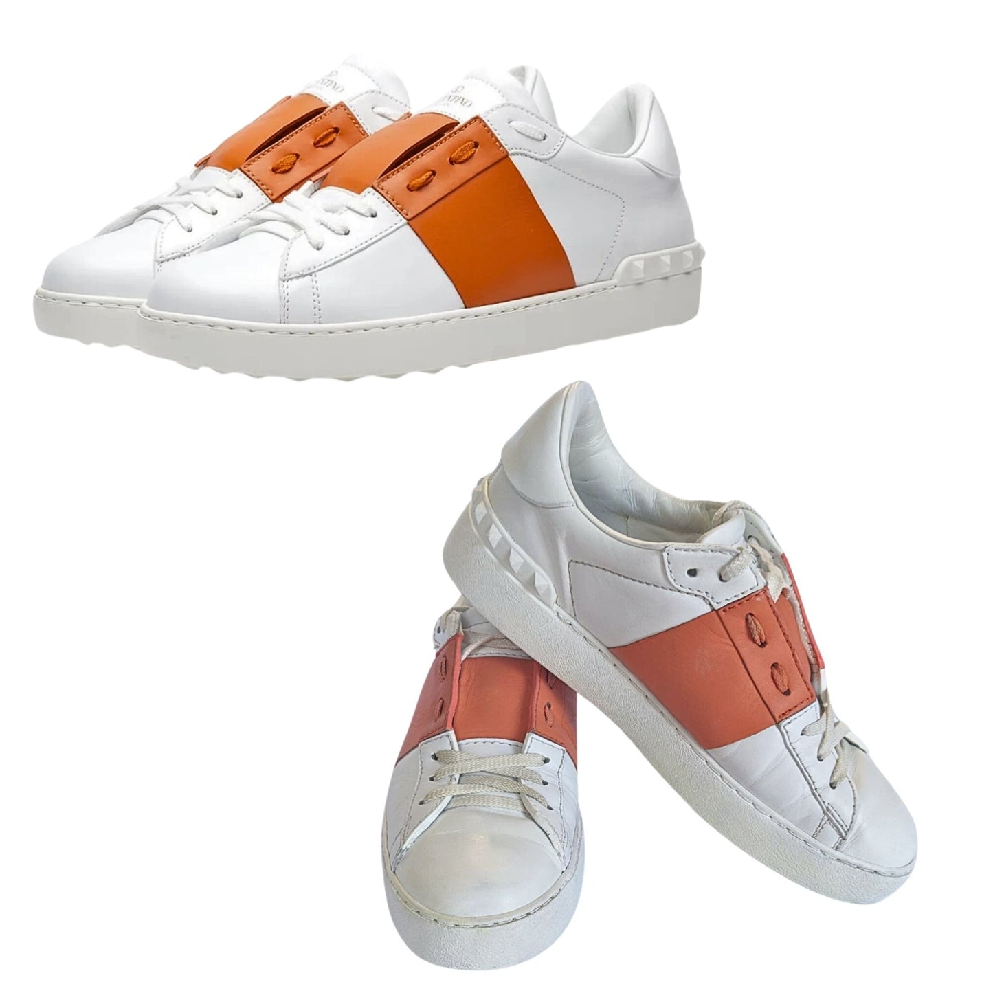 VALENTINO GARAVANI Goldfish Calfskin Rockstud Open Leather Sneakers Sz 38.5/8.5