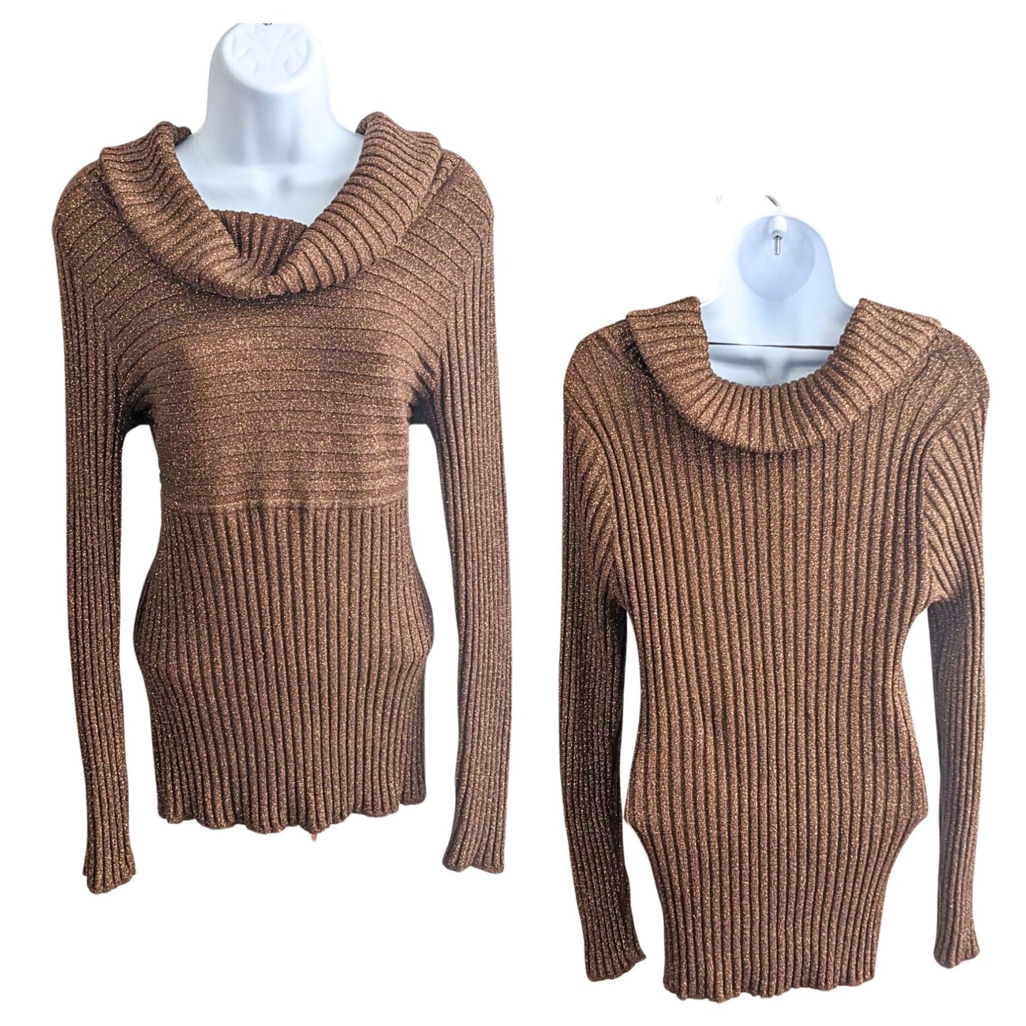 Vintage Y2K INC Warm Brown w/Copper Glitter EmpireWaist Cowl Neck Sweater Size L