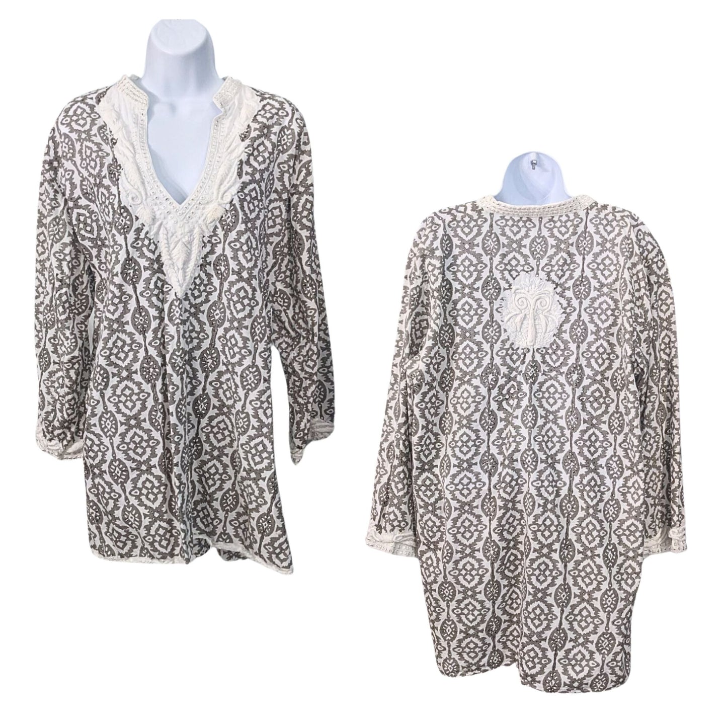 SULU 100% Cotton Silver White Ikat Trellis Raised Embroidery Tunic CoverUp Sz 18