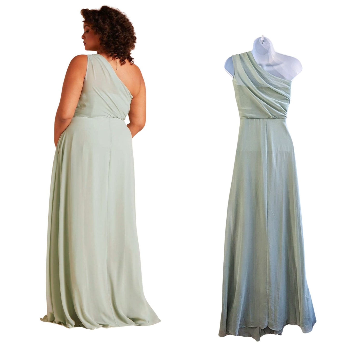 BIRDY GREY Kira Chiffon Sage Convertible One Shoulder No Slit Maxi Dress Size L