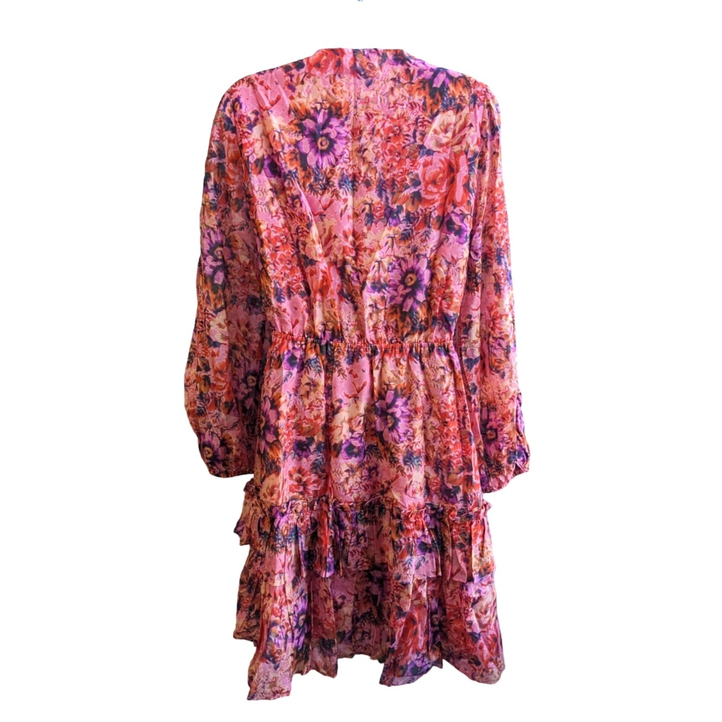 UNGARO Tara Floral Silk Blend Mini Dress PinkPunch Multi w/Beaded Butterfly Sz L