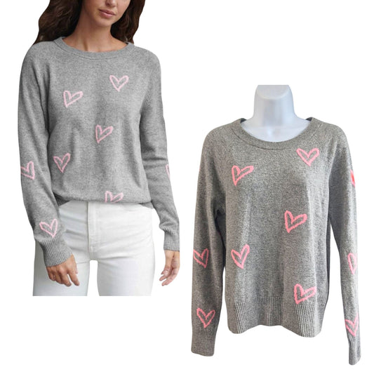 WHITE + WARREN 100% Cashmere Graffiti Heart Intarsia Gray Pullover Sweater Size XS