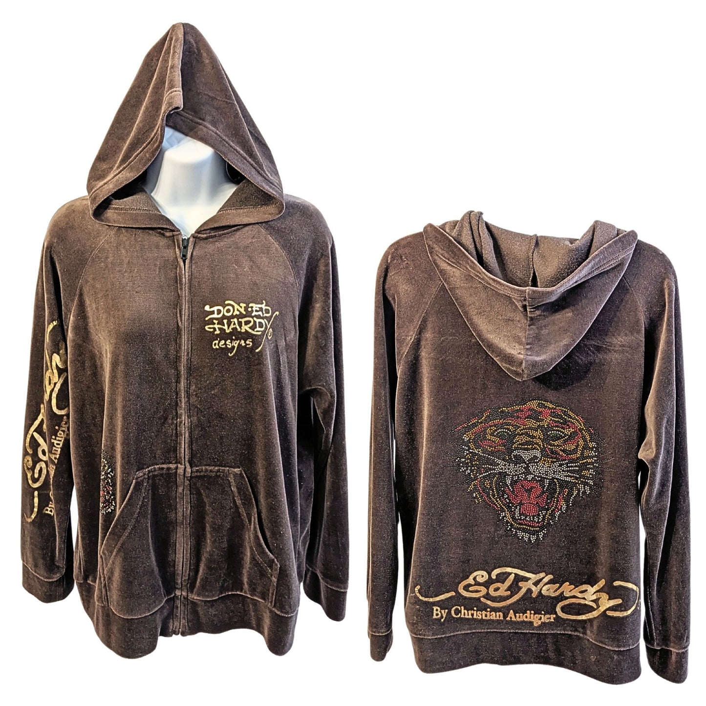 Vintage Y2K ED HARDY By Christian Audigier McBling Tiger Velour Hoodie Size L