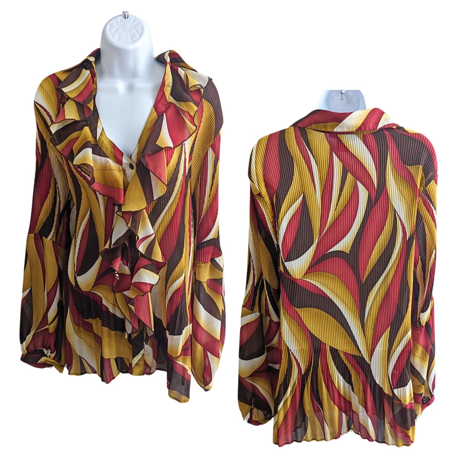 Groovy Vintage Y2K ASHLEY STEWART Boho Pleated Ruffle Blouse 70s Retro Size 14