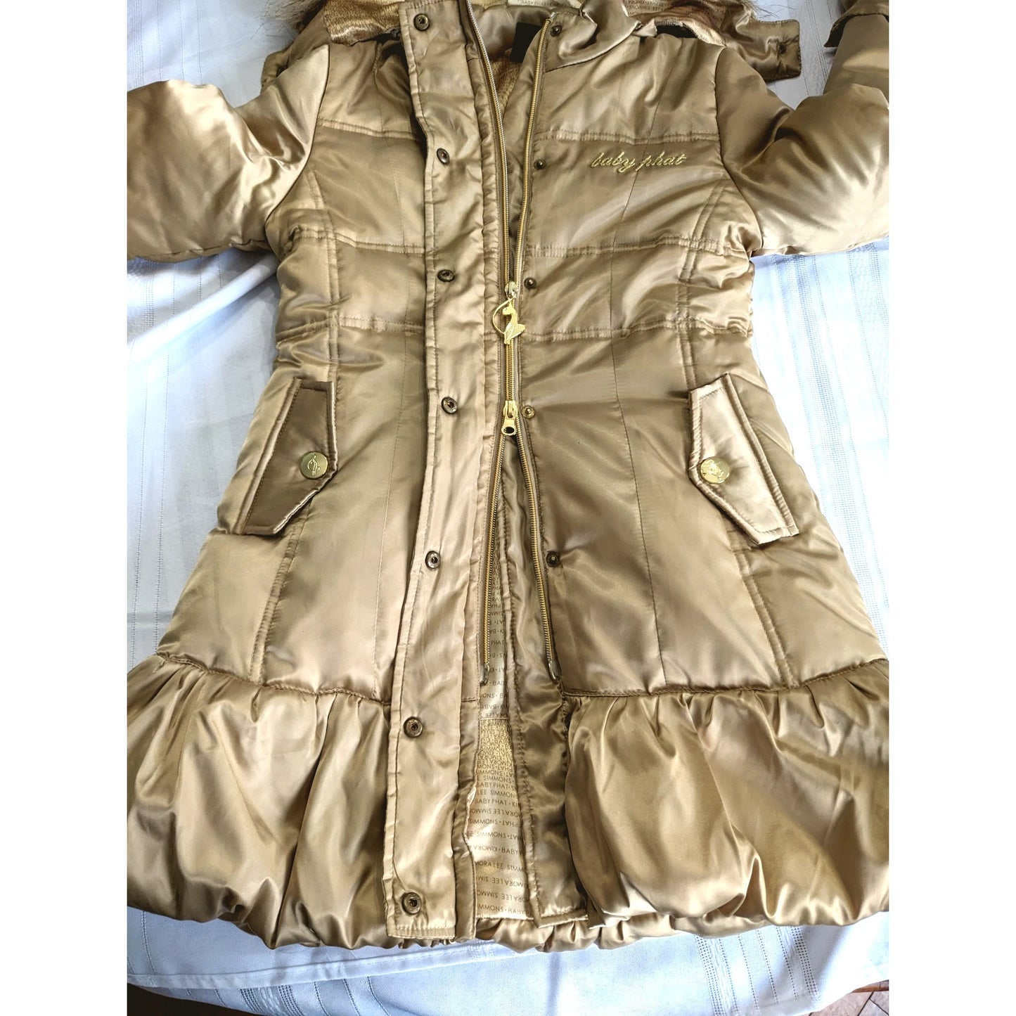 Vintage Y2K BABY PHAT Girly McBling Gold Long Down Puffer Coat Sz Women XS Jr M