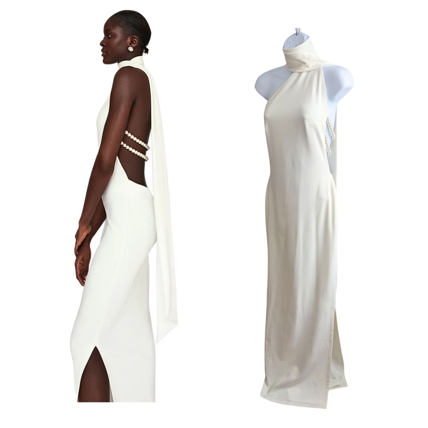 NWT KHANUM'S Kara Ivory Scarf Backless Maxi Dress w/ Draped Faux Pearls Size S