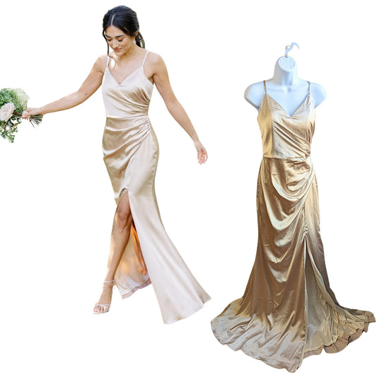 REVELRY Rory Satin Gold Champagne 703 Thigh Slit Bridesmaid Dress Size 6