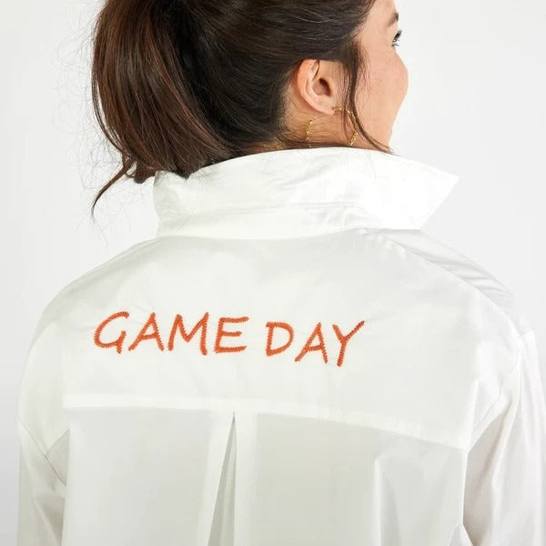 NWT CARYN LAWN White Game Day Orange Embroidered Button-Up Shirt Sporty Fem OS