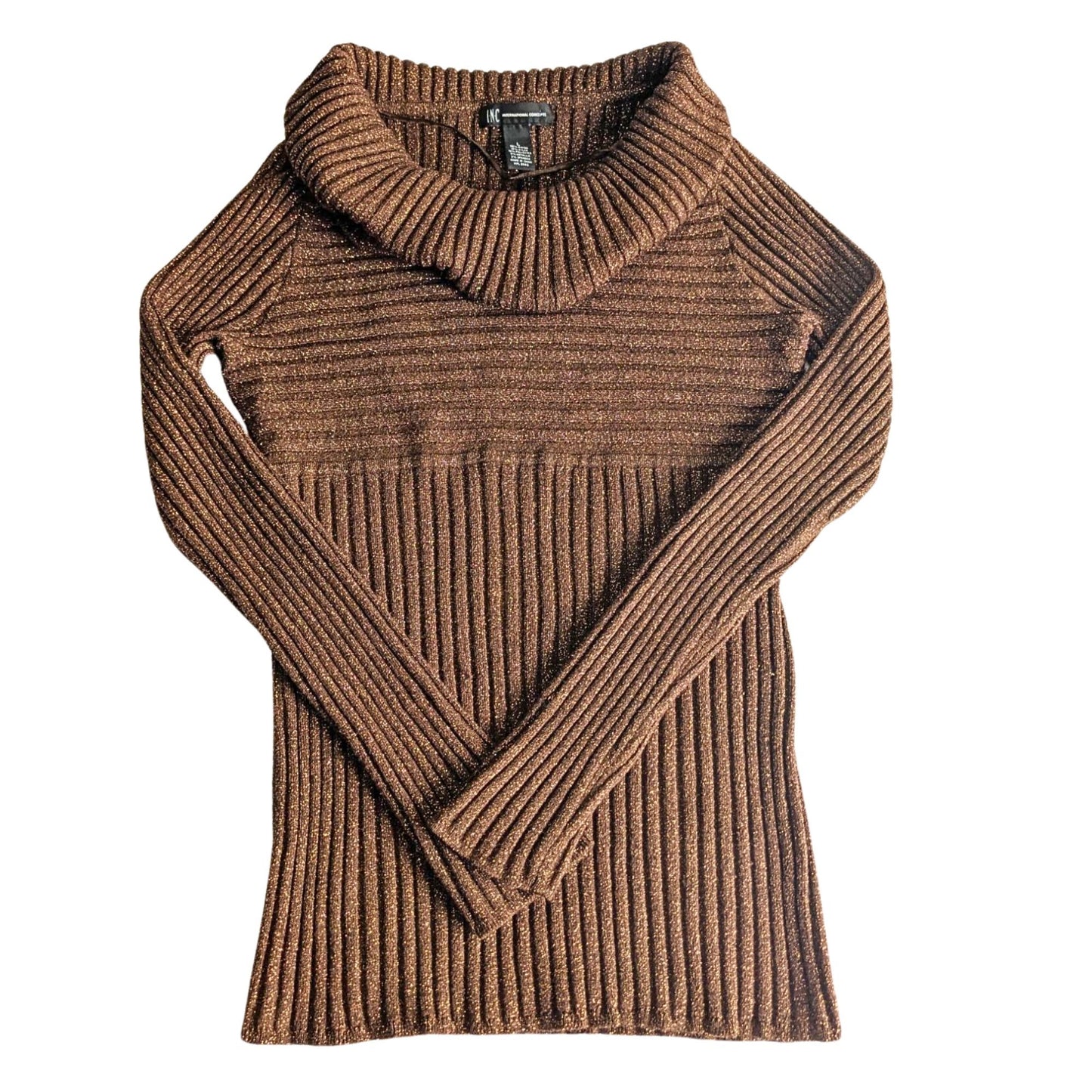 Vintage Y2K INC Warm Brown w/Copper Glitter EmpireWaist Cowl Neck Sweater Size L