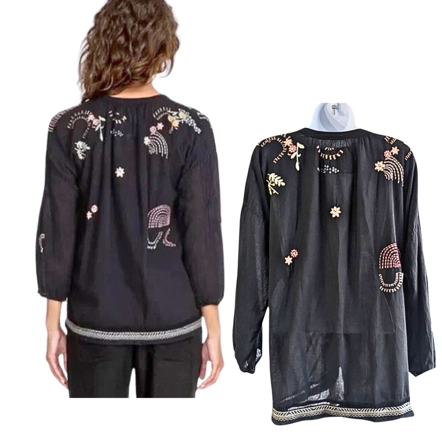 JOHNNY WAS Pete & Greta Black Carlita Embroidered Peasant Blouse Size XL