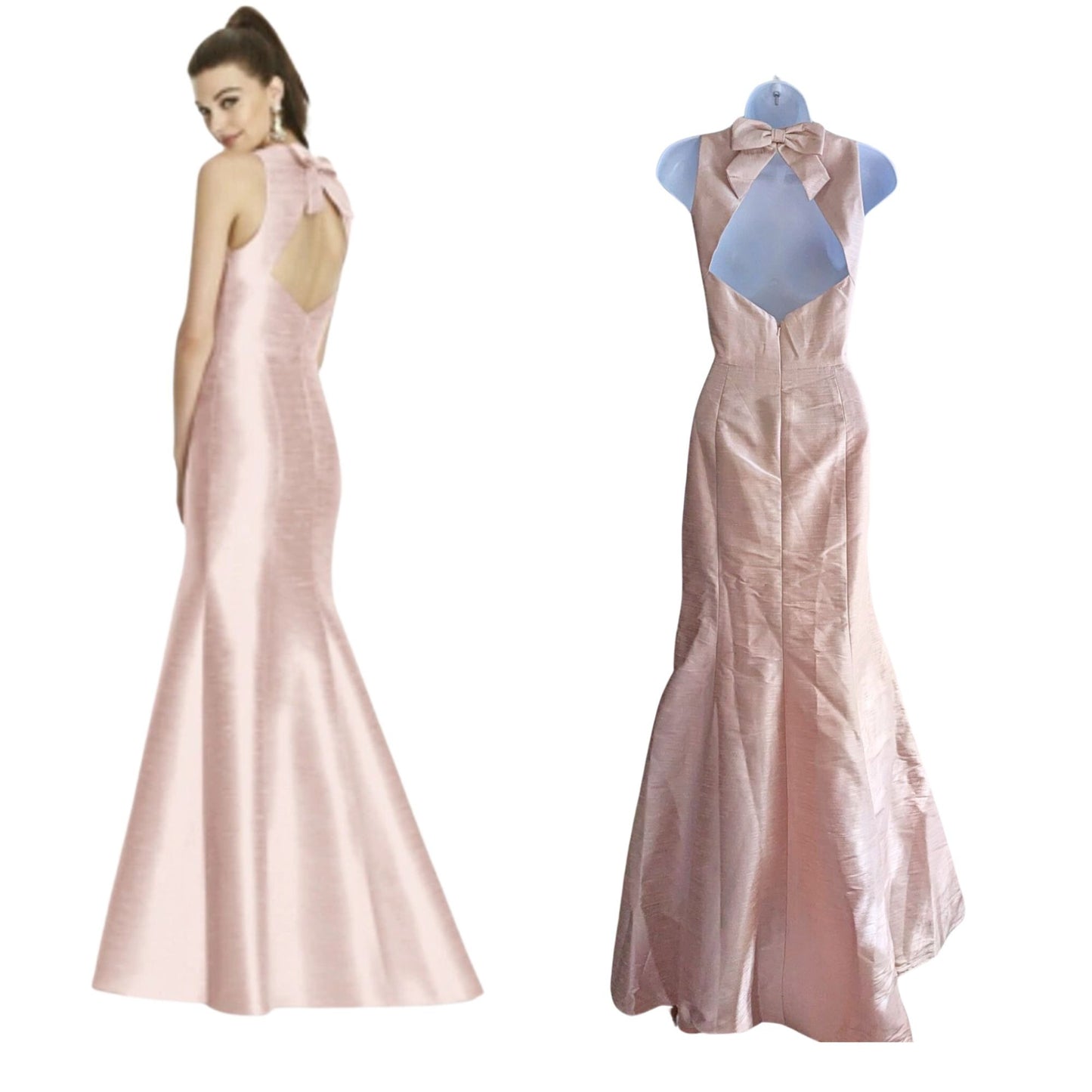 NWT ALFRED SUNG Pearl Pink Dupioni Bow Back Sample Trumpet Bridesmaid Gown Sz 6