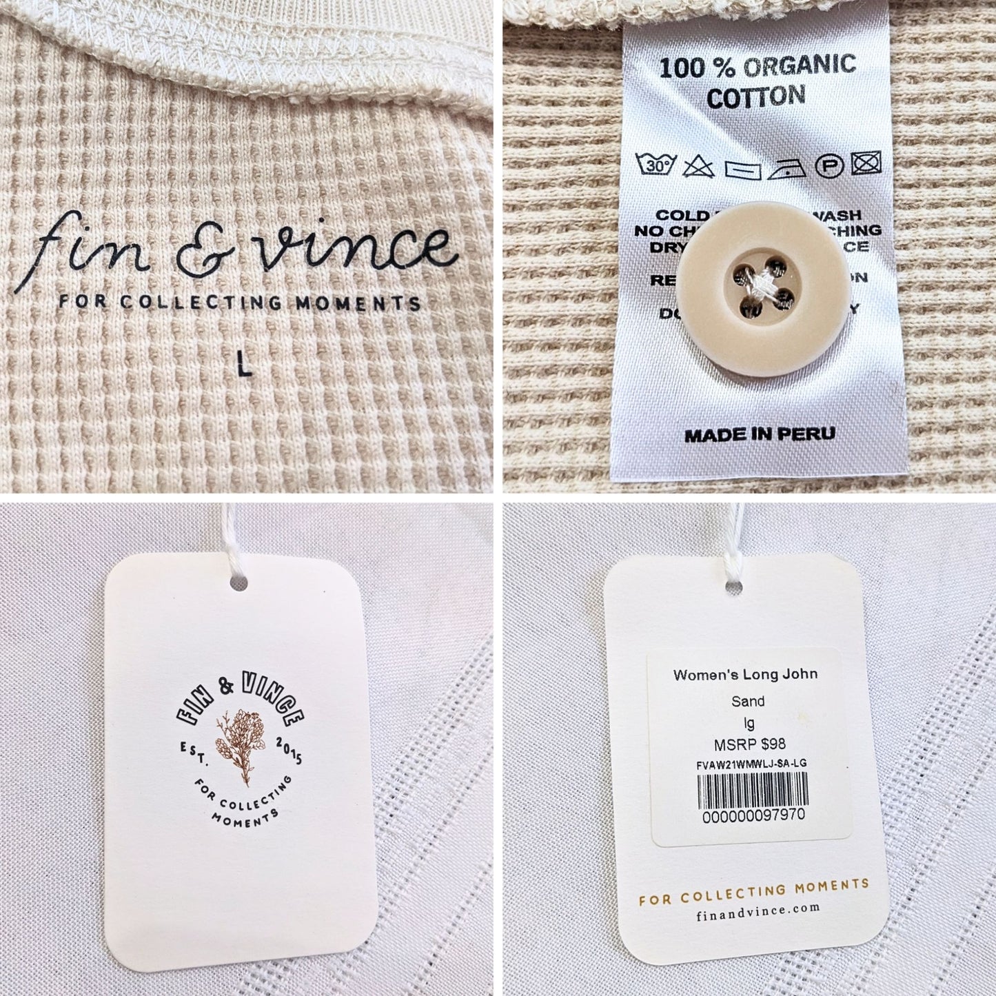 NWT FIN & VINCE Sad Beige 100% Organic Cotton Mommy & Me Waffle Long John Women's Size L