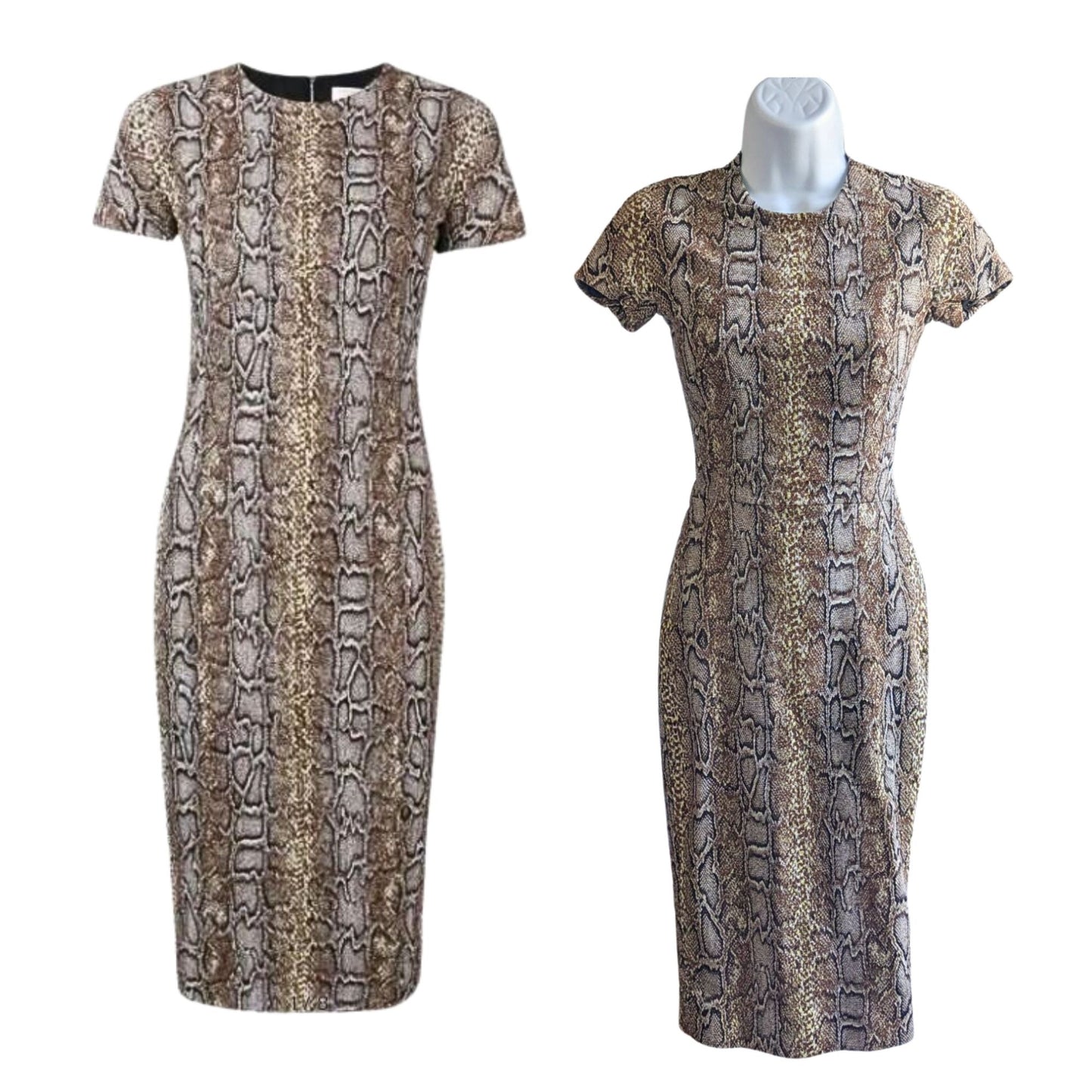 VICTORIA BECKHAM Brown Snake Jacquard Sheath Midi Dress Cap Sleeve Sz UK 8/US 4