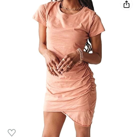 NWT QEARAL Spring Peach Bodycon T-Shirt Mini Dress Ruched Side Tulip Hem Size M